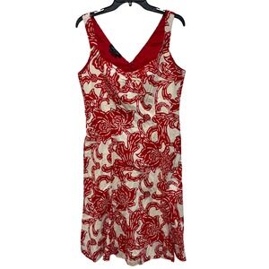 Etcetera Red Cream Floral Cotton Scroll Sheath Dress Women Sz 10 Preppy Coastal